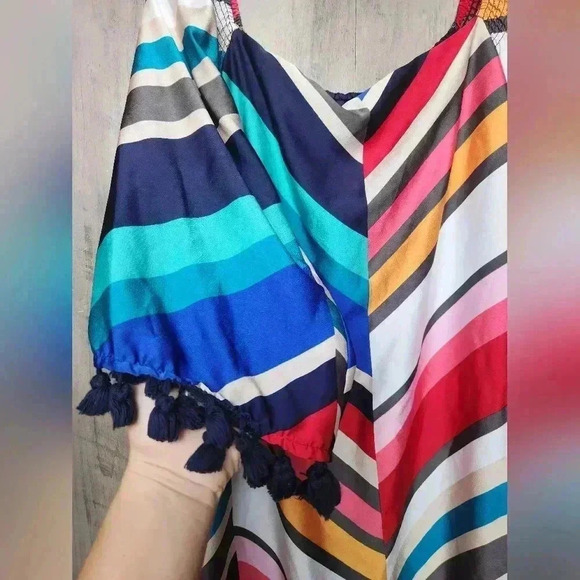 Trina Turk Amaris Off Shoulder Chevron 3/4 Bell Sleeve Shift Dress Colorful M - Picture 9 of 13